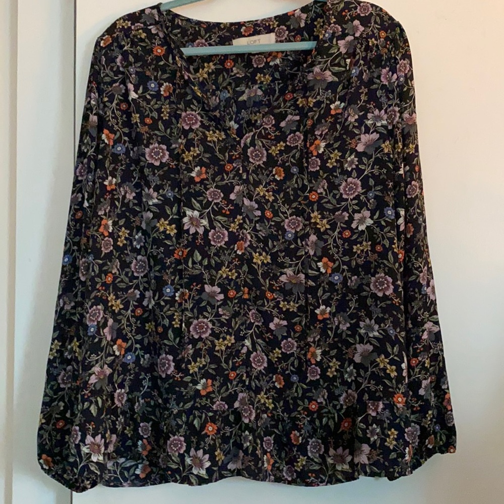 Loft Long Sleeve Floral Blouse with Flutter Detail